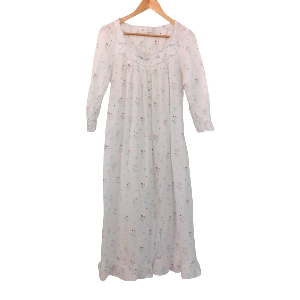 Eileen West Cotton Lawn Ballet Nightgown Small White Floral 3/4 Sleeve Mid calf